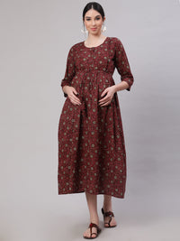 Thumbnail for NOZ2TOZ Women Maroon Printed Flared Maternity Dress - Distacart