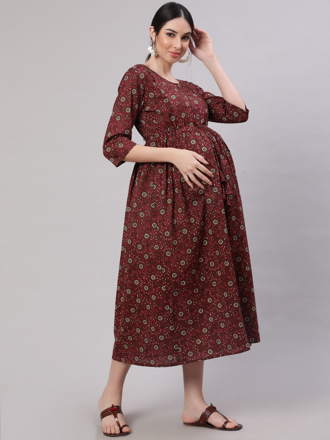 NOZ2TOZ Women Maroon Printed Flared Maternity Dress - Distacart