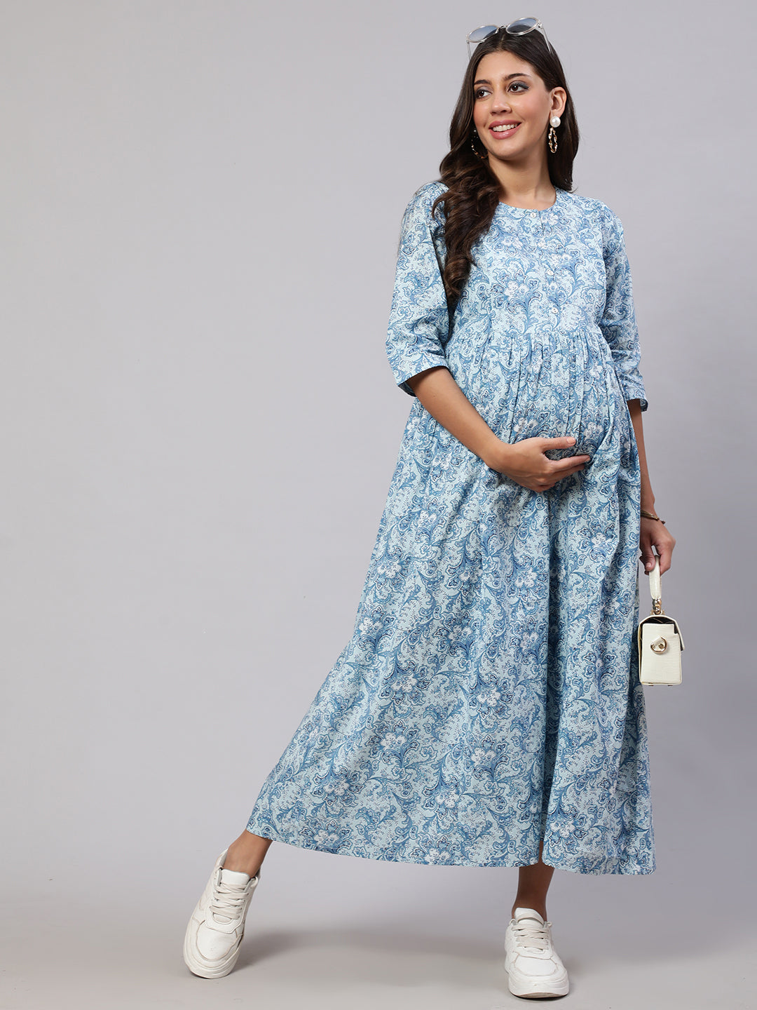 NOZ2TOZ Women Blue Printed Flared Maternity Dress - Distacart