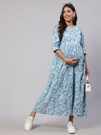 Thumbnail for NOZ2TOZ Women Blue Printed Flared Maternity Dress - Distacart