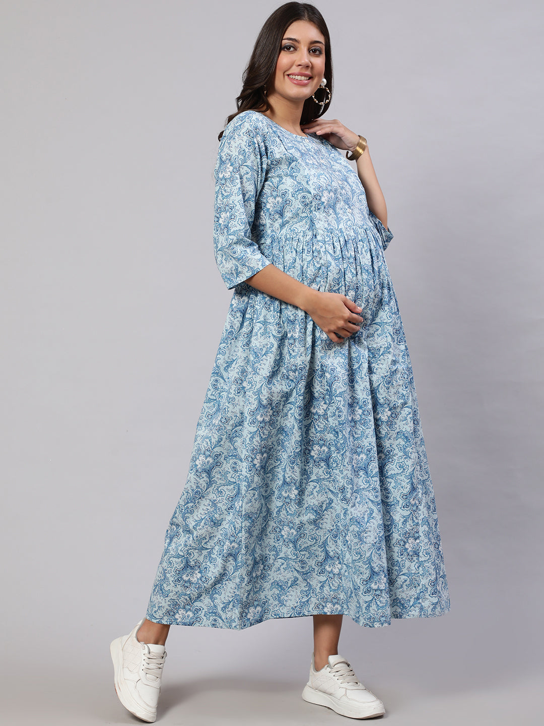 NOZ2TOZ Women Blue Printed Flared Maternity Dress - Distacart