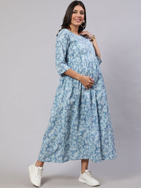 Thumbnail for NOZ2TOZ Women Blue Printed Flared Maternity Dress - Distacart