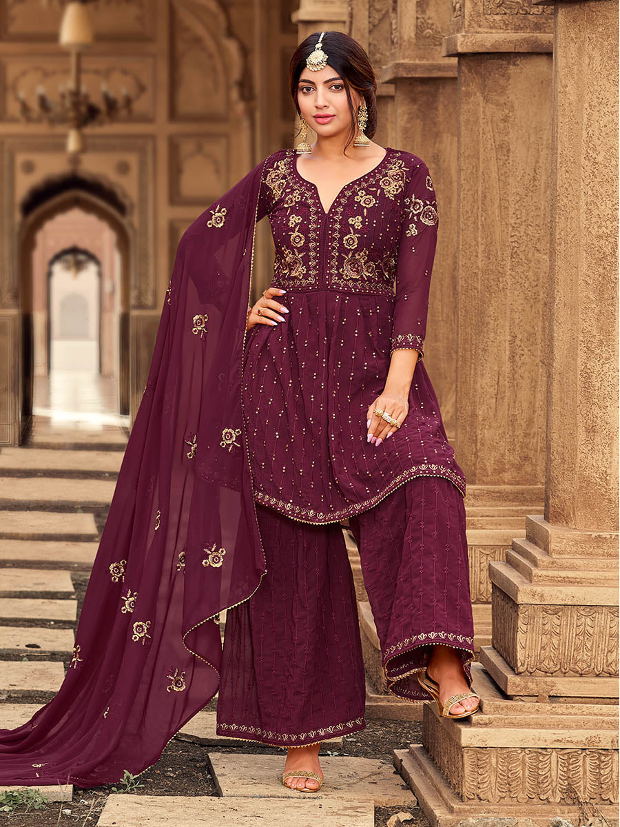 Myra Maroon heavy Georgette Koti Style Embroidered Sharara Suit