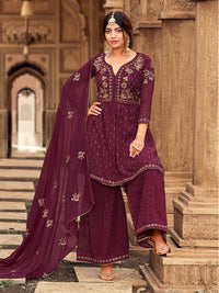 Thumbnail for Myra Maroon heavy Georgette Koti Style Embroidered Sharara Suit