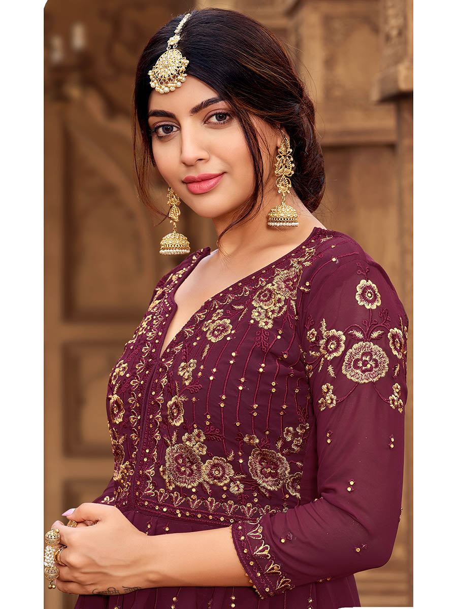 Myra Maroon heavy Georgette Koti Style Embroidered Sharara Suit