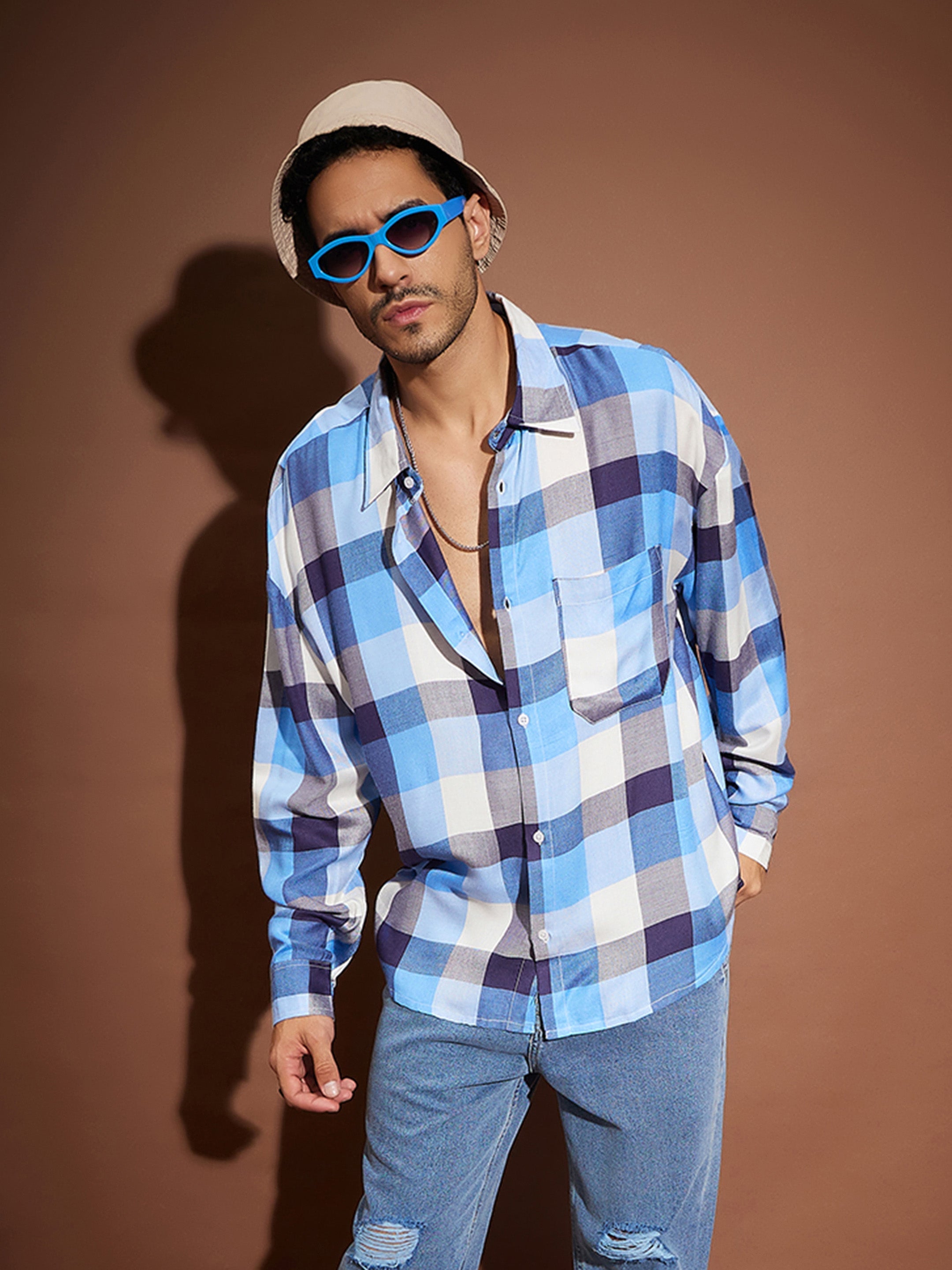 Buy Lyush Men Blue & White Check Oversized Shirt Online at Best