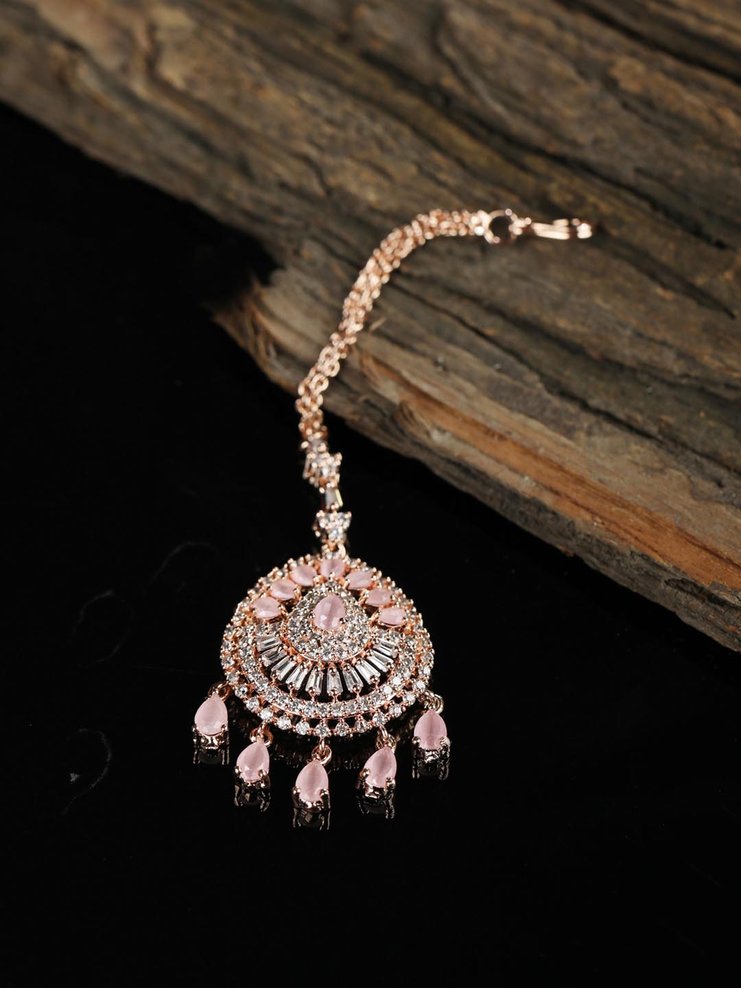 Priyaasi Women Pink American Diamond Stones Rose Gold-Plated MaangTikka - Distacart