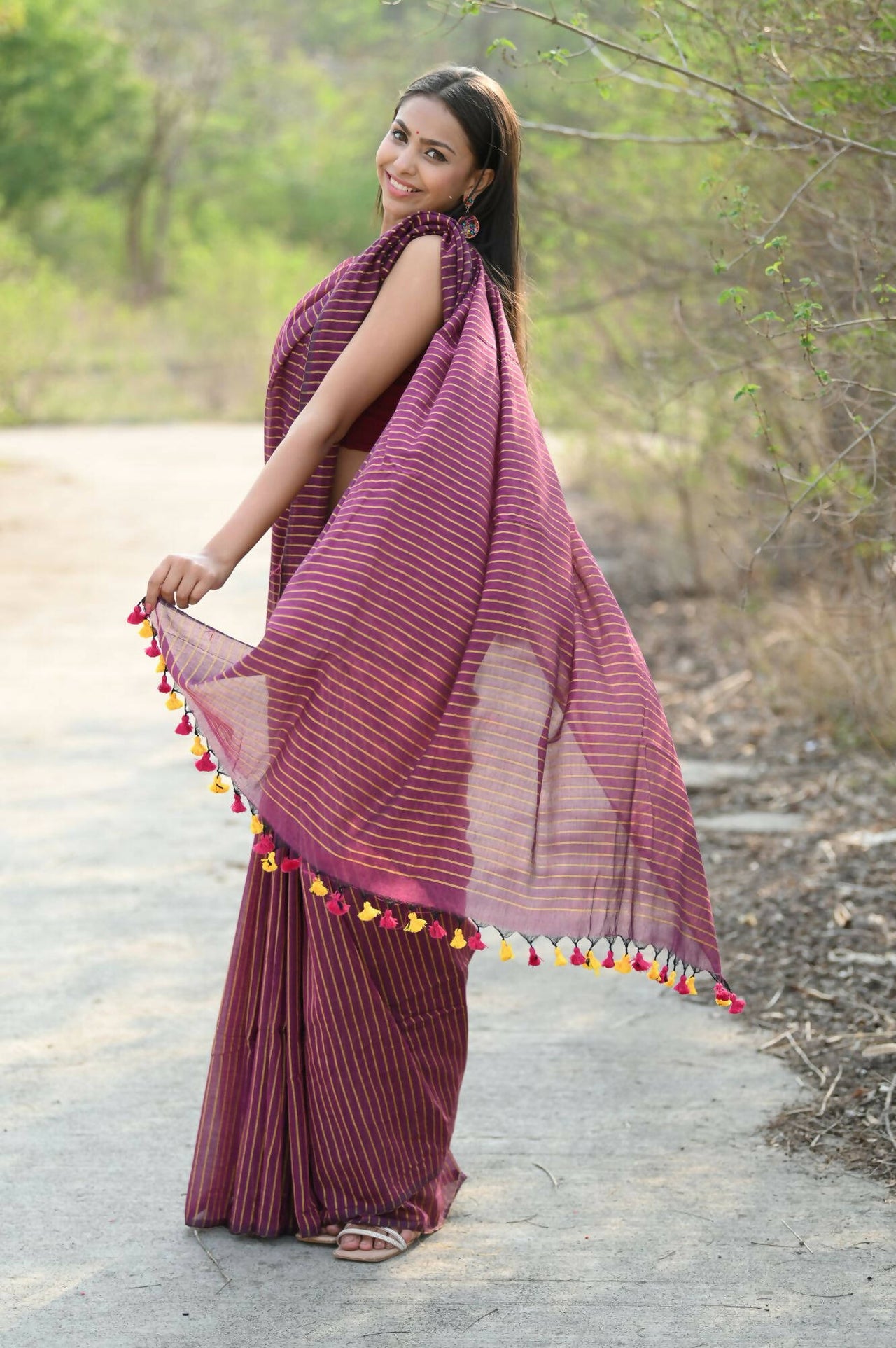 Very Much Indian Designer Pure Cotton Saree With All Over Linear Stripes - Maroon - Distacart