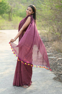 Thumbnail for Very Much Indian Designer Pure Cotton Saree With All Over Linear Stripes - Maroon - Distacart