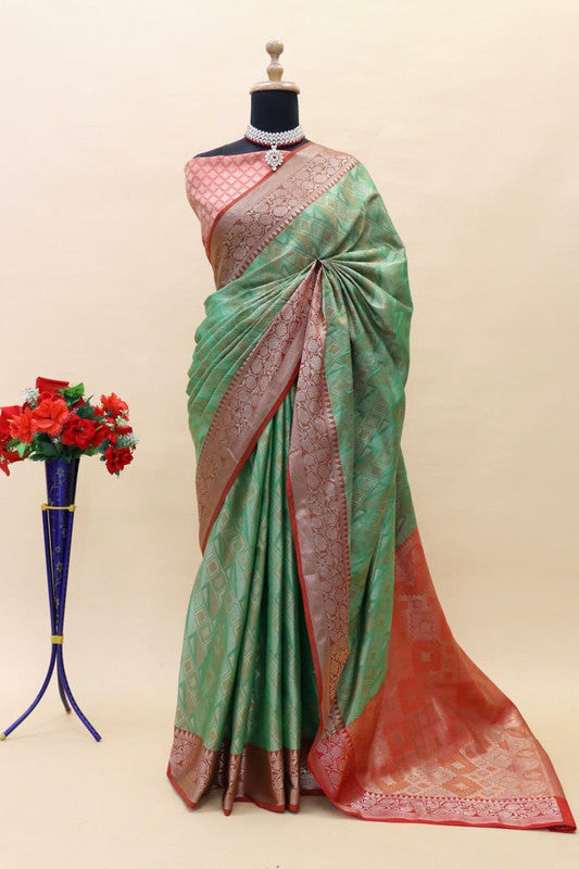 Malishka Banarasi Silk Saree With Rich Contrast Wooven Pallu N Rich Wooven Border - Green - Distacart