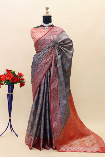 Malishka Banarasi Silk Saree With Rich Contrast Wooven Pallu N Rich Wooven Border - Grey - Distacart