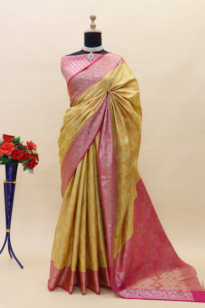 Malishka Banarasi Silk Saree With Rich Contrast Wooven Pallu N Rich Wooven Border - Yellow - Distacart