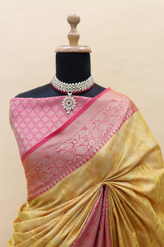 Malishka Banarasi Silk Saree With Rich Contrast Wooven Pallu N Rich Wooven Border - Yellow - Distacart