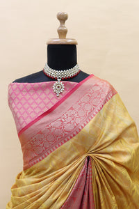 Thumbnail for Malishka Banarasi Silk Saree With Rich Contrast Wooven Pallu N Rich Wooven Border - Yellow - Distacart