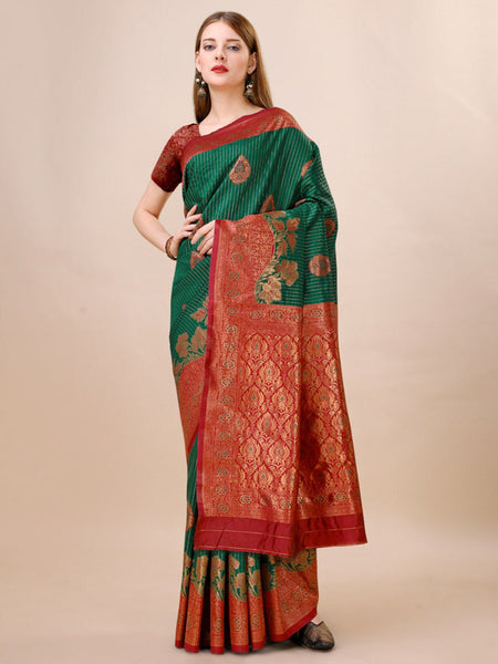 Malishka Banarasi Silk Saree With Rich Contrast Wooven Pallu N Rich Wooven Border - Dark Green - Distacart