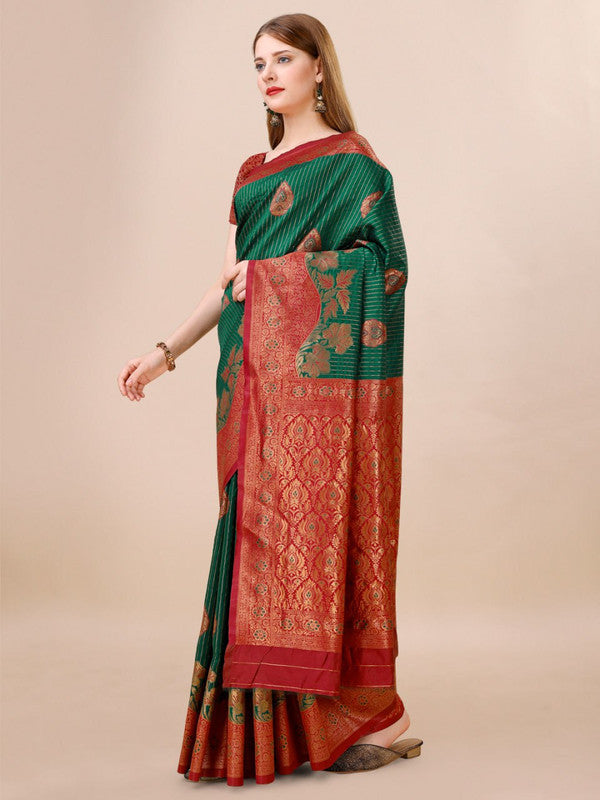 Malishka Banarasi Silk Saree With Rich Contrast Wooven Pallu N Rich Wooven Border - Dark Green - Distacart