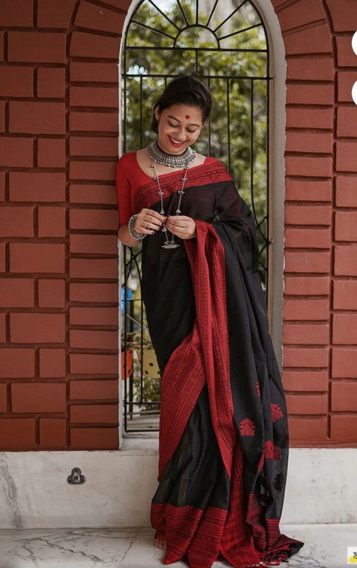 Malishka Cotton Silk Saree With Blouse Piece - Black - Distacart