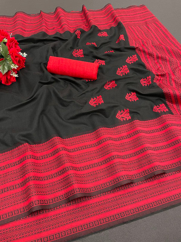 Malishka Cotton Silk Saree With Blouse Piece - Black - Distacart