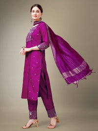 Thumbnail for Aastha Fashion Women's Purple Cotton Blend Embroidery & Fancy Lace Work Kurta with Trouser & Dupatta - Distacart