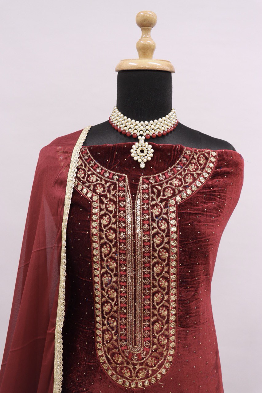 Buy Lorenvalley Fashion Women Maroon Velvet Embroidered Salwar Suit  Material Online at Best Price