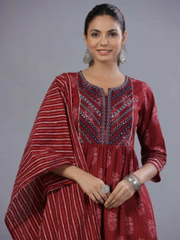 Thumbnail for Juniper Women Maroon Cotton Cambric Batik texture Printed Kurta, Pants and Dupatta Set - Distacart