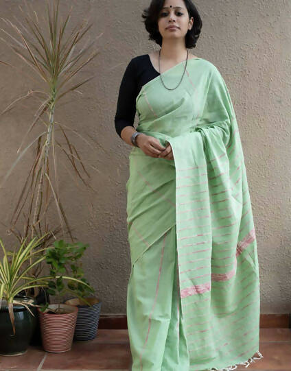 Exclusive Collection Khadi Cotton Handloom Khesh Saree With Blouse Piece - Light Green - Distacart