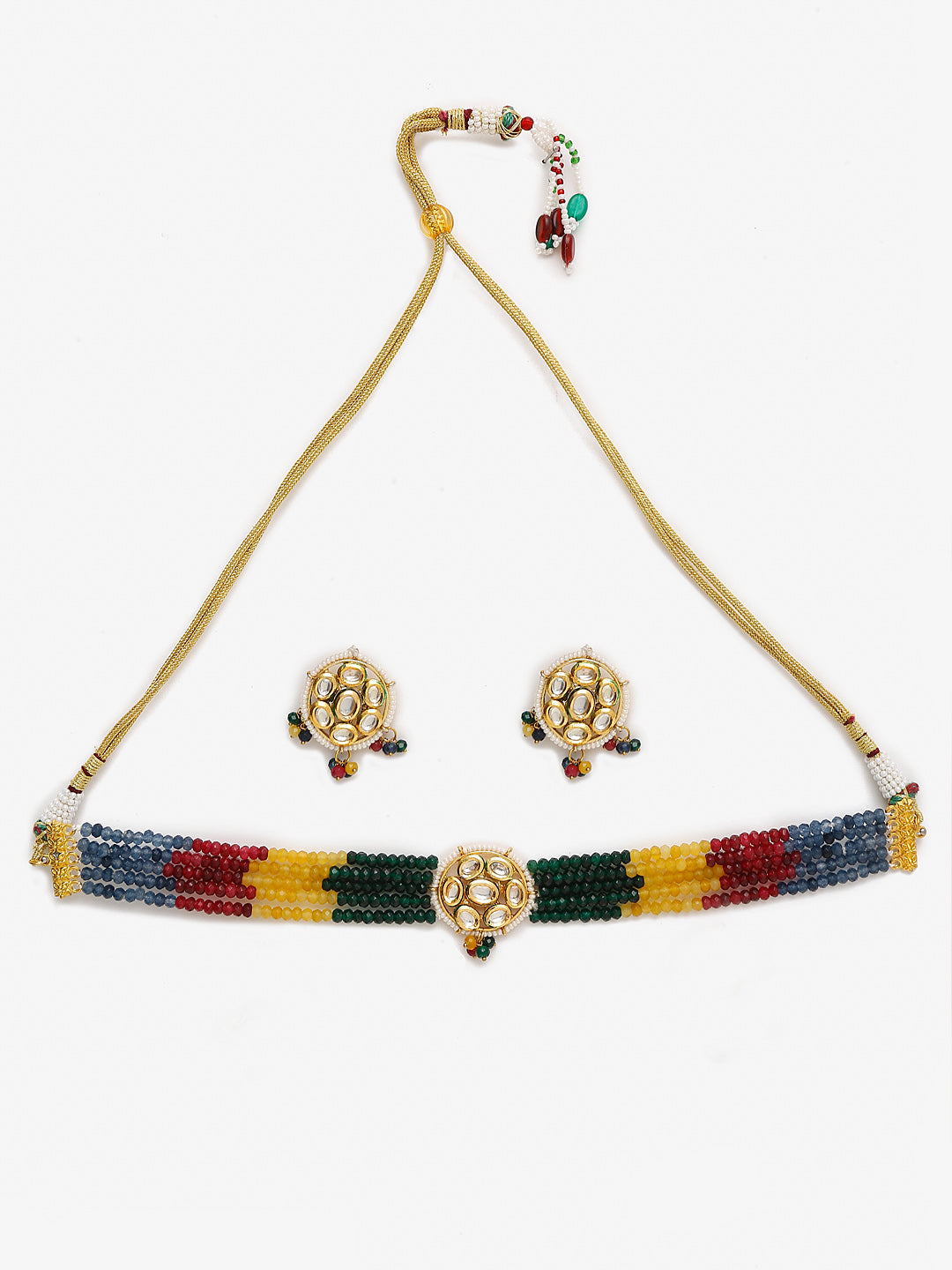 Multicoloured Kundan-Studded Beaded Choker Jewellery Set - Ruby Raang - Distacart