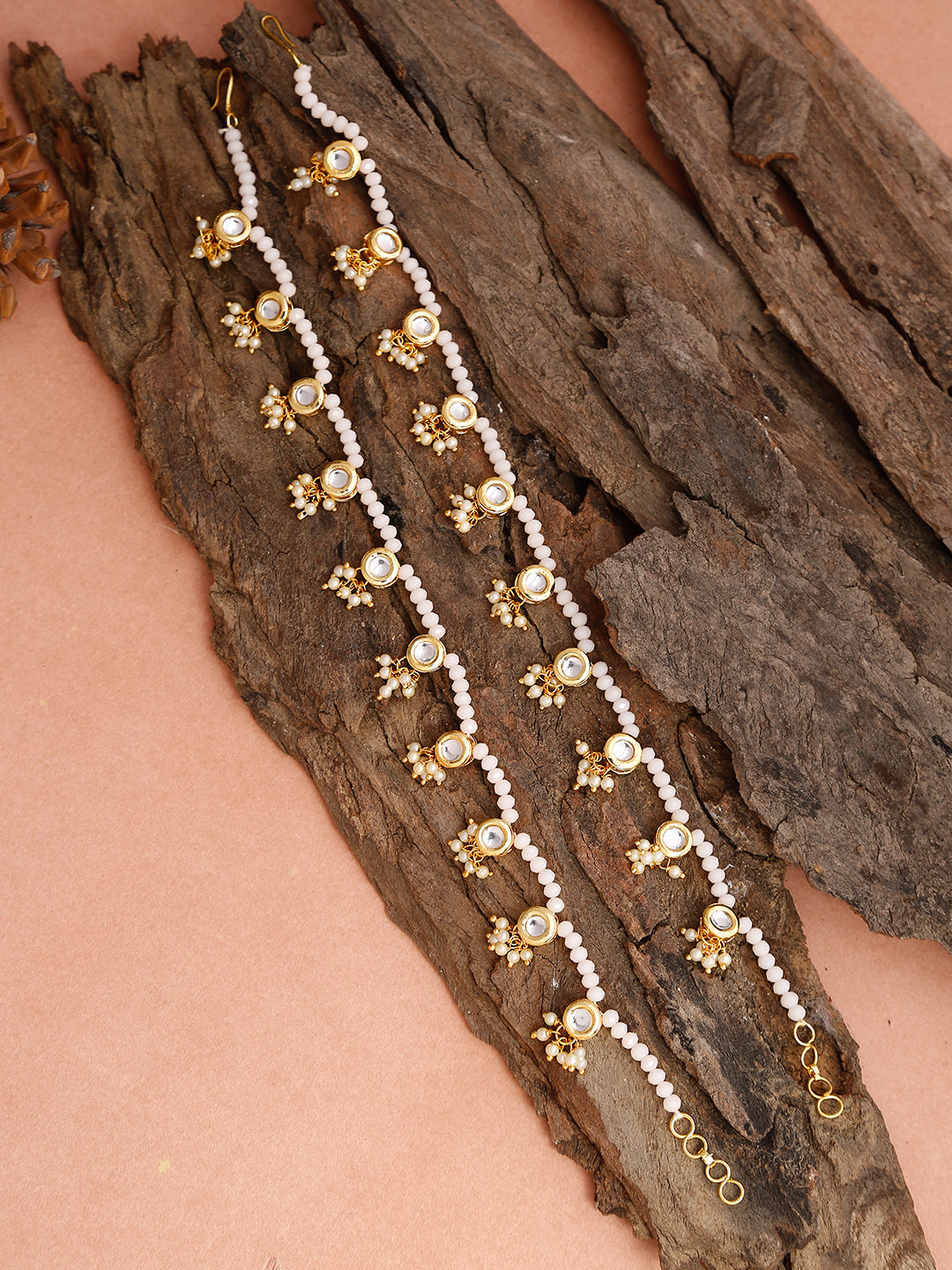 Gold-Plated White Handcrafted Kundan Set Of 2-Studded Beaded Anklets - Ruby Raang - Distacart