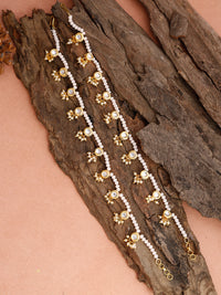 Thumbnail for Gold-Plated White Handcrafted Kundan Set Of 2-Studded Beaded Anklets - Ruby Raang - Distacart