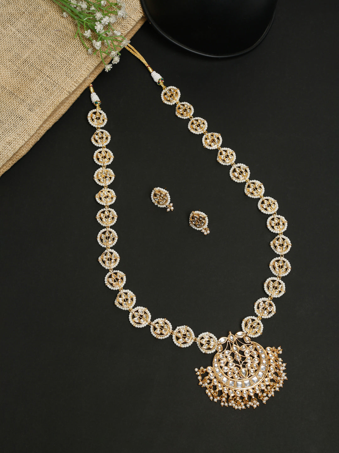 Long Kundan Neckpiece With Studs - Ruby Raang - Distacart