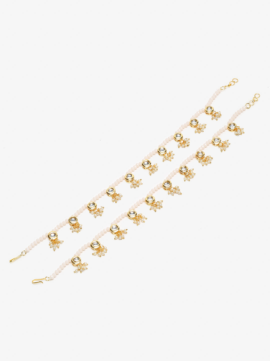 Gold-Plated White Handcrafted Kundan Set Of 2-Studded Beaded Anklets - Ruby Raang - Distacart