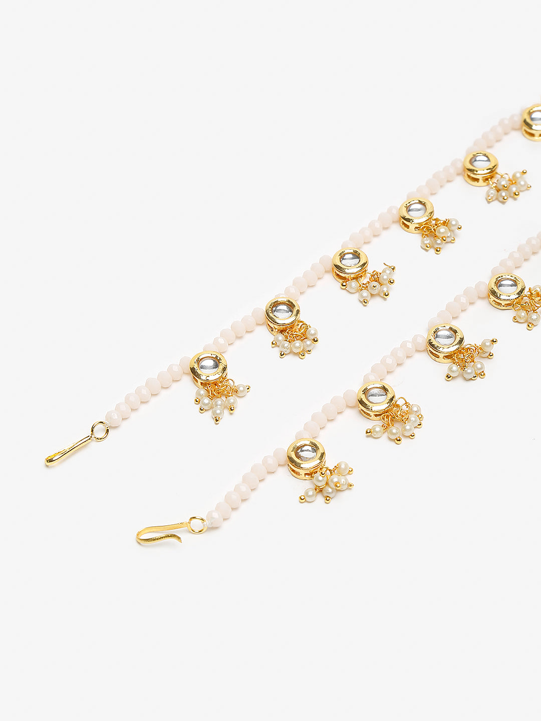 Gold-Plated White Handcrafted Kundan Set Of 2-Studded Beaded Anklets - Ruby Raang - Distacart