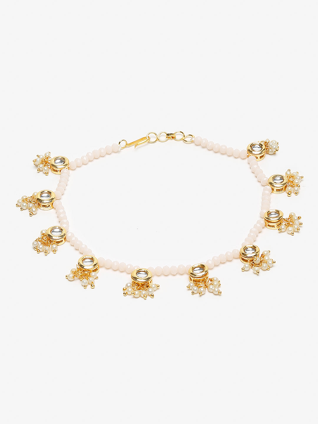 Gold-Plated White Handcrafted Kundan Set Of 2-Studded Beaded Anklets - Ruby Raang - Distacart