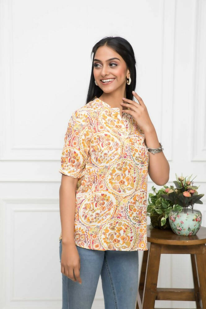 Myshka Women Mustard Floral V-Neck Regular Sleeves Viscose Rayon Top - Distacart