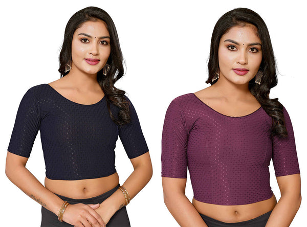 Malishka Women's Lycra Readymade Blouse Combo Pack - Navy & Wine - Distacart