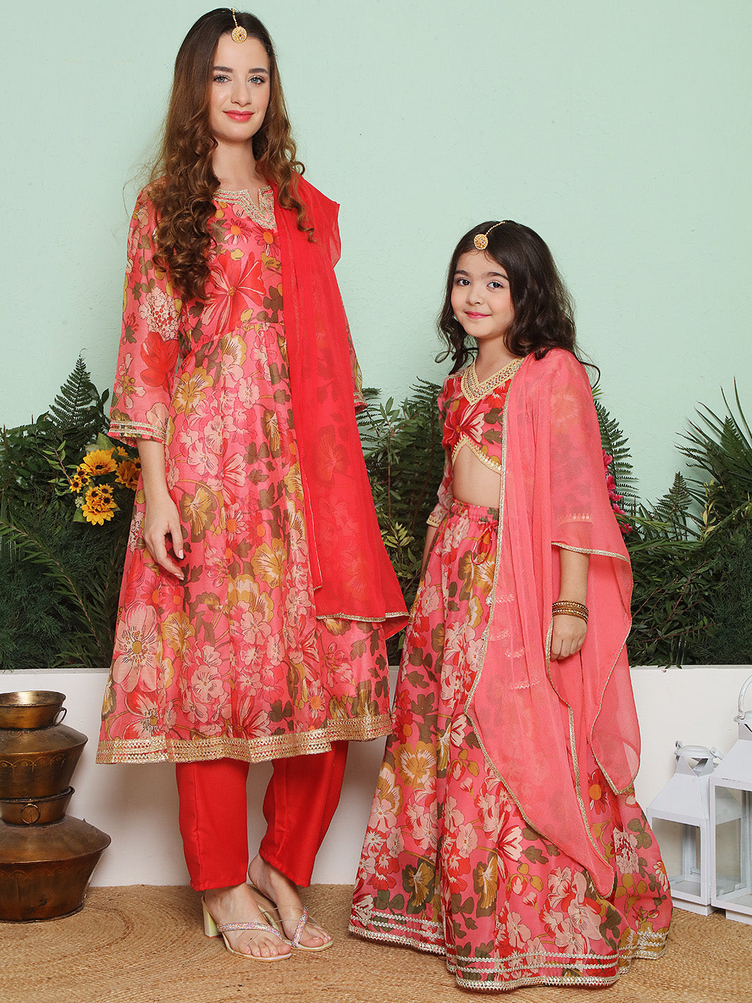Red floral Printed Anarkali Kurta set for Women & Lehenga Choli Set dupatta for Girl - Bhama - Distacart