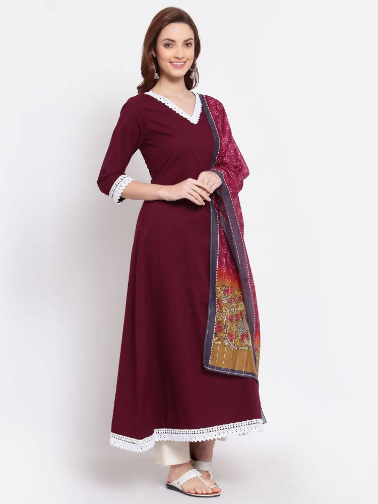 Myshka Women's Burgandy Printed Cotton Full Sleeve V Neck Casual Kurta Dupatta Set