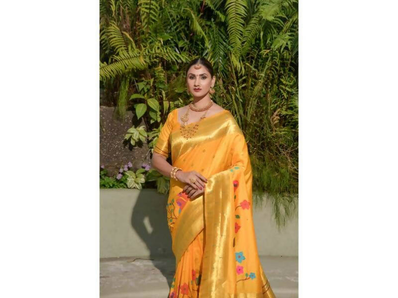 Buy Yellow Paithani Silk Zari Saree Festive Wear Online at Best Price |  Cbazaar