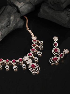 Pink Stones American Diamond Rose Gold Plated Jewellery Set