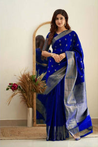 Thumbnail for DEIANA'S Beautiful Golden Jari with New Design Soft Lichi Silk Saree - Royal Blue - Distacart