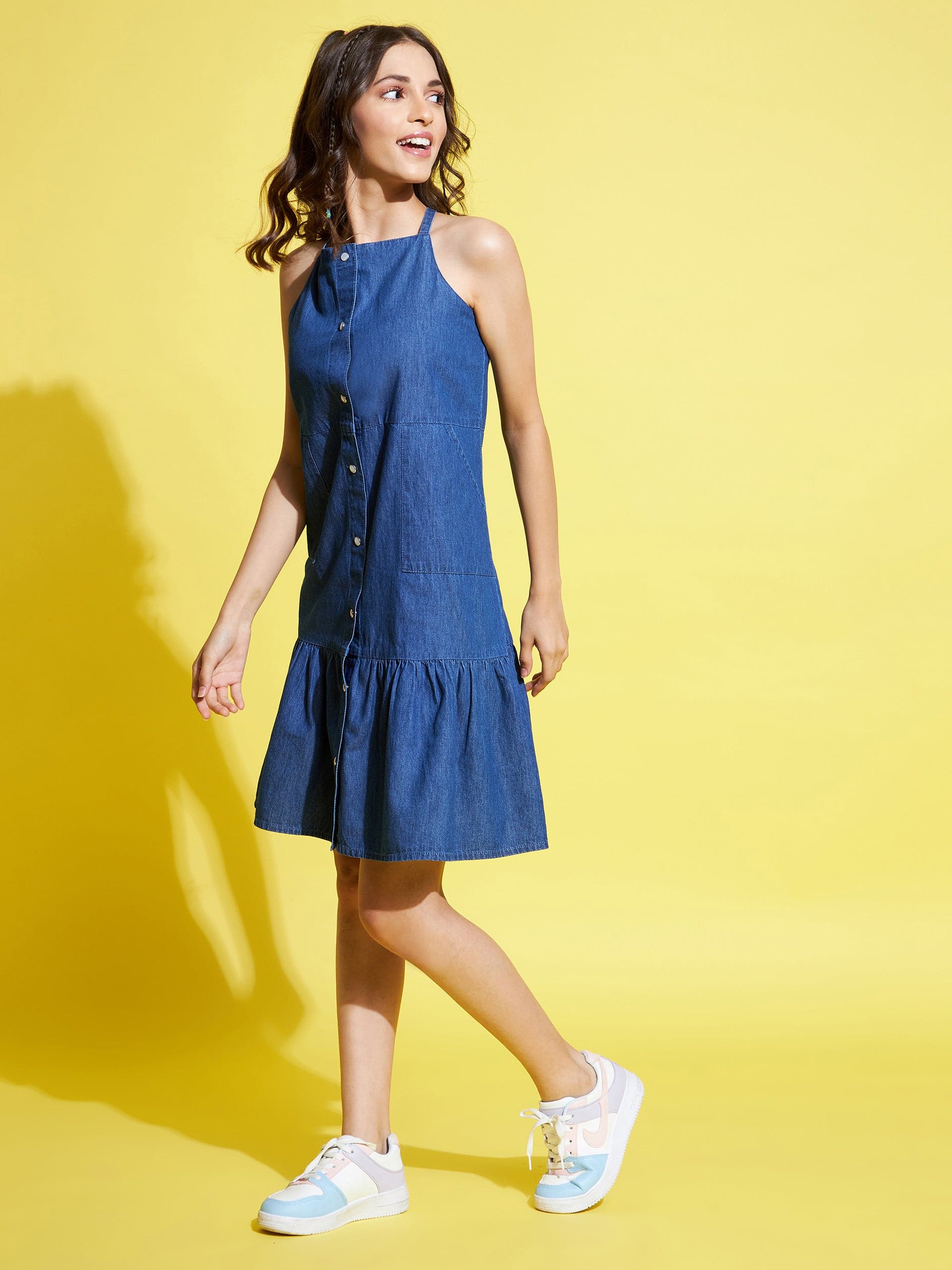 Lyush Blue Tencel Front Snap Button Strappy Dress For Girls