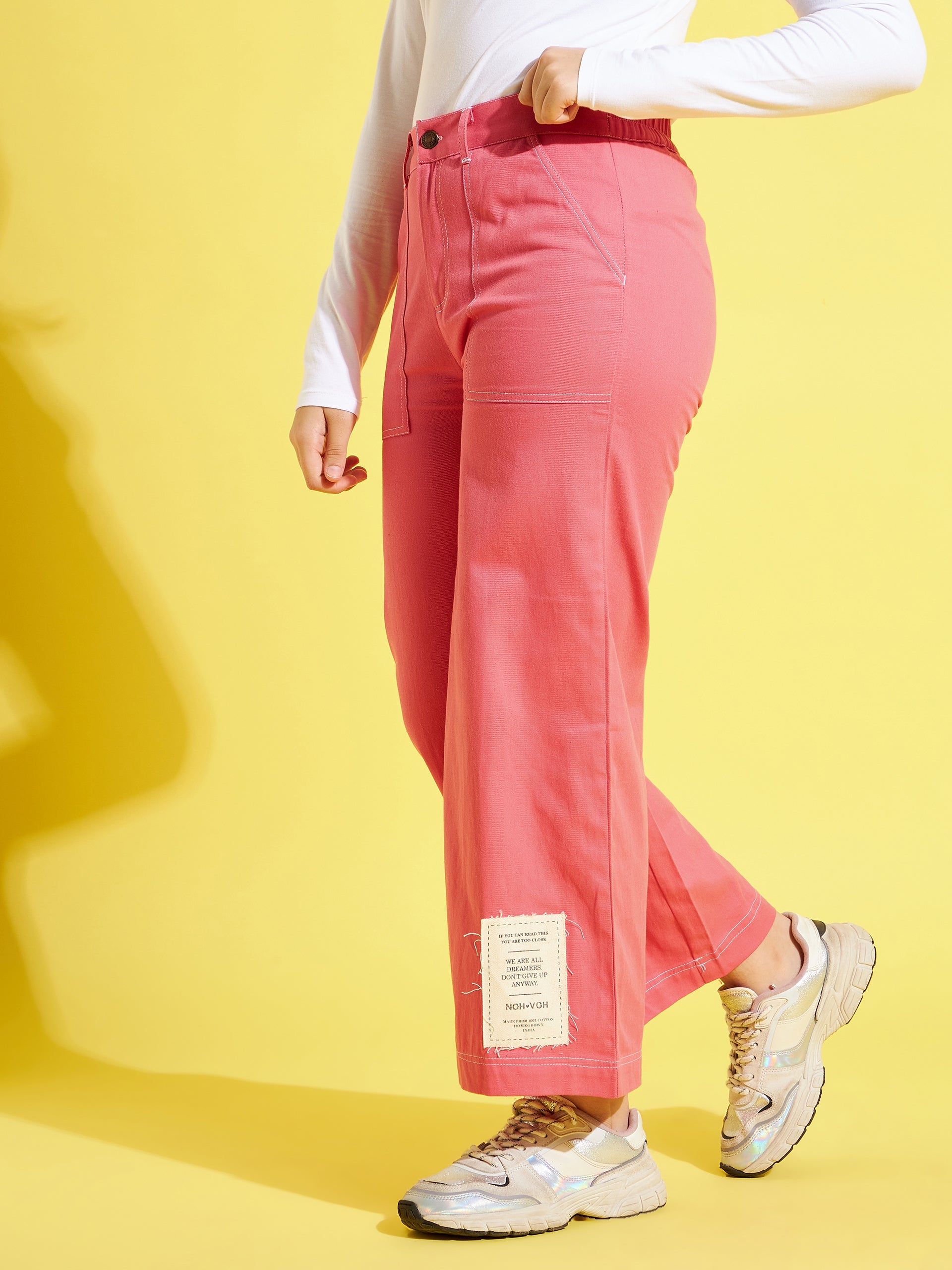 Buy Lyush Pink Contrast Thread Twill Straight Pants For Girls Online at  Best Price