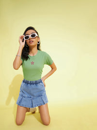 Thumbnail for Lyush Kids Girls Blue Acid Wash Denim Hem Pleated Skorts - Distacart