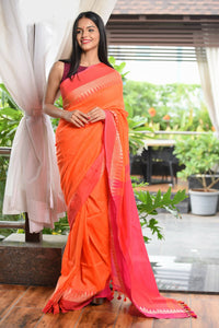 Thumbnail for Very Much Indian Pure Cotton Handloom Saree With Intricate Borders - Orange - Distacart