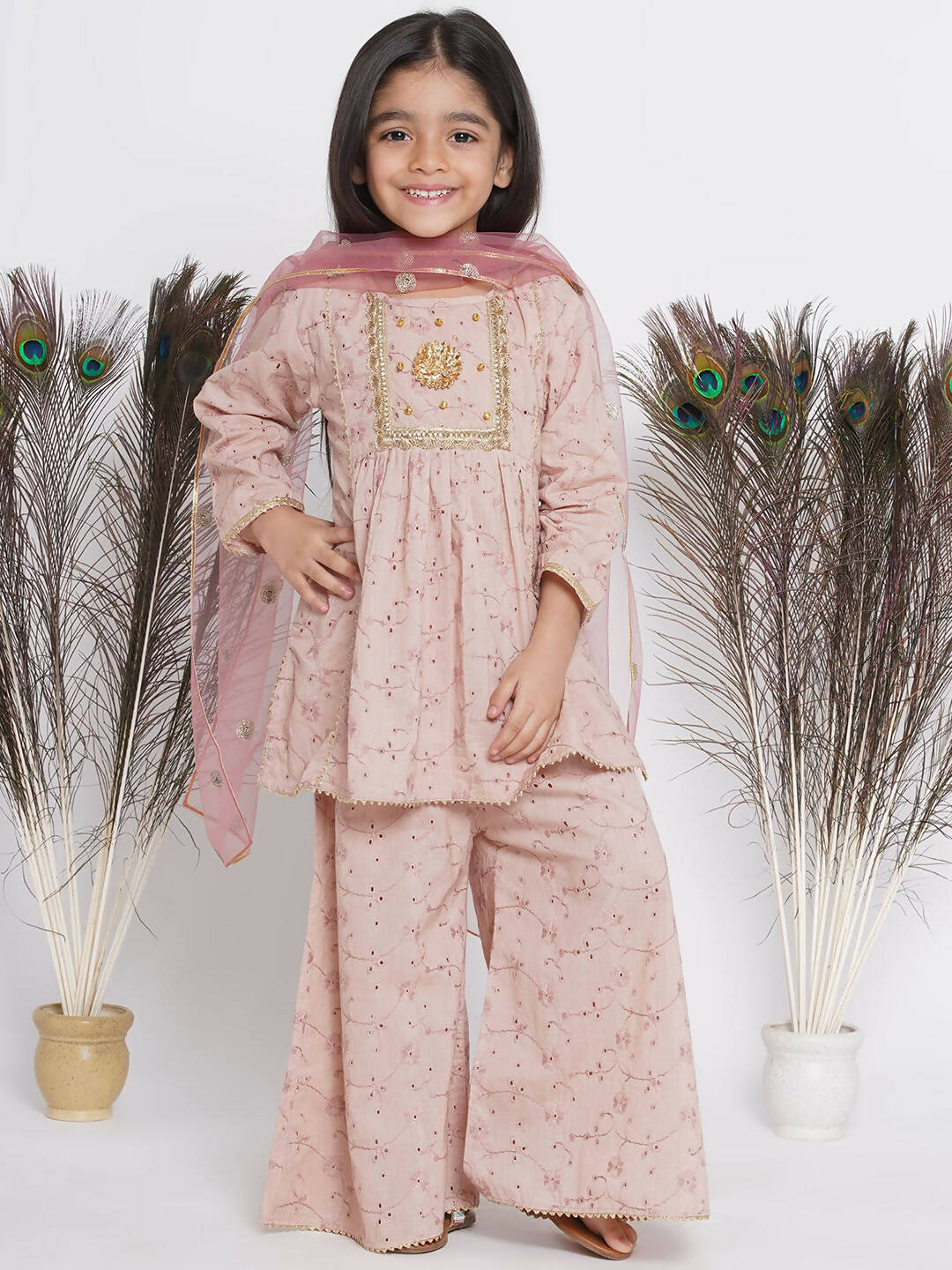 Little Bansi Floral Shiffli Kurta With Plazzo And Dupatta - Brown - Distacart