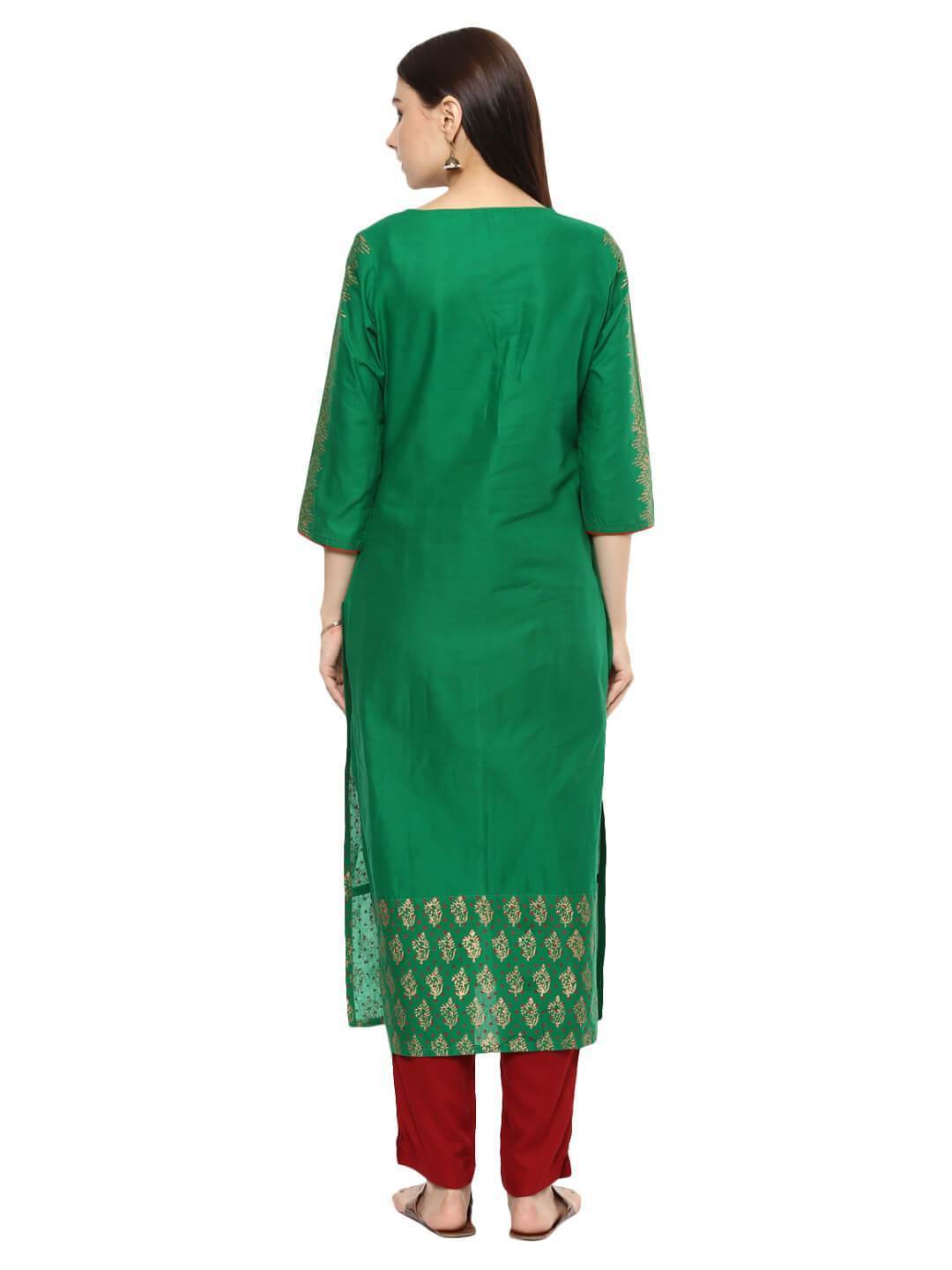 NOZ2TOZ Women's Green Ajrakh Floral Hand Block Cotton Printed Straight Kurta - Distacart