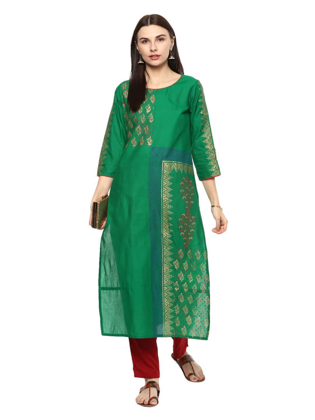 NOZ2TOZ Women's Green Ajrakh Floral Hand Block Cotton Printed Straight Kurta - Distacart