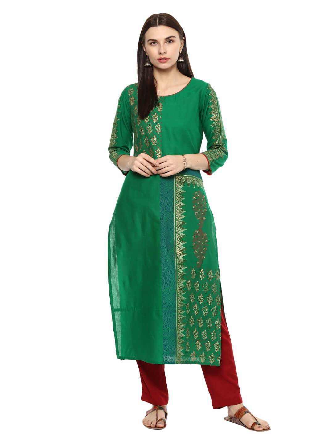 NOZ2TOZ Women's Green Ajrakh Floral Hand Block Cotton Printed Straight Kurta - Distacart