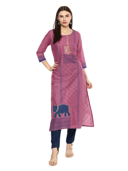 NOZ2TOZ Women's Mauve Ajrakh Hand Block Cotton Printed Straight Kurta - Distacart