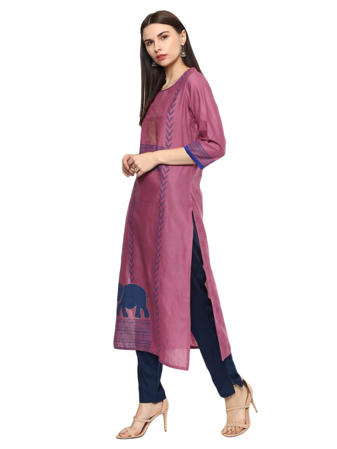 NOZ2TOZ Women's Mauve Ajrakh Hand Block Cotton Printed Straight Kurta - Distacart